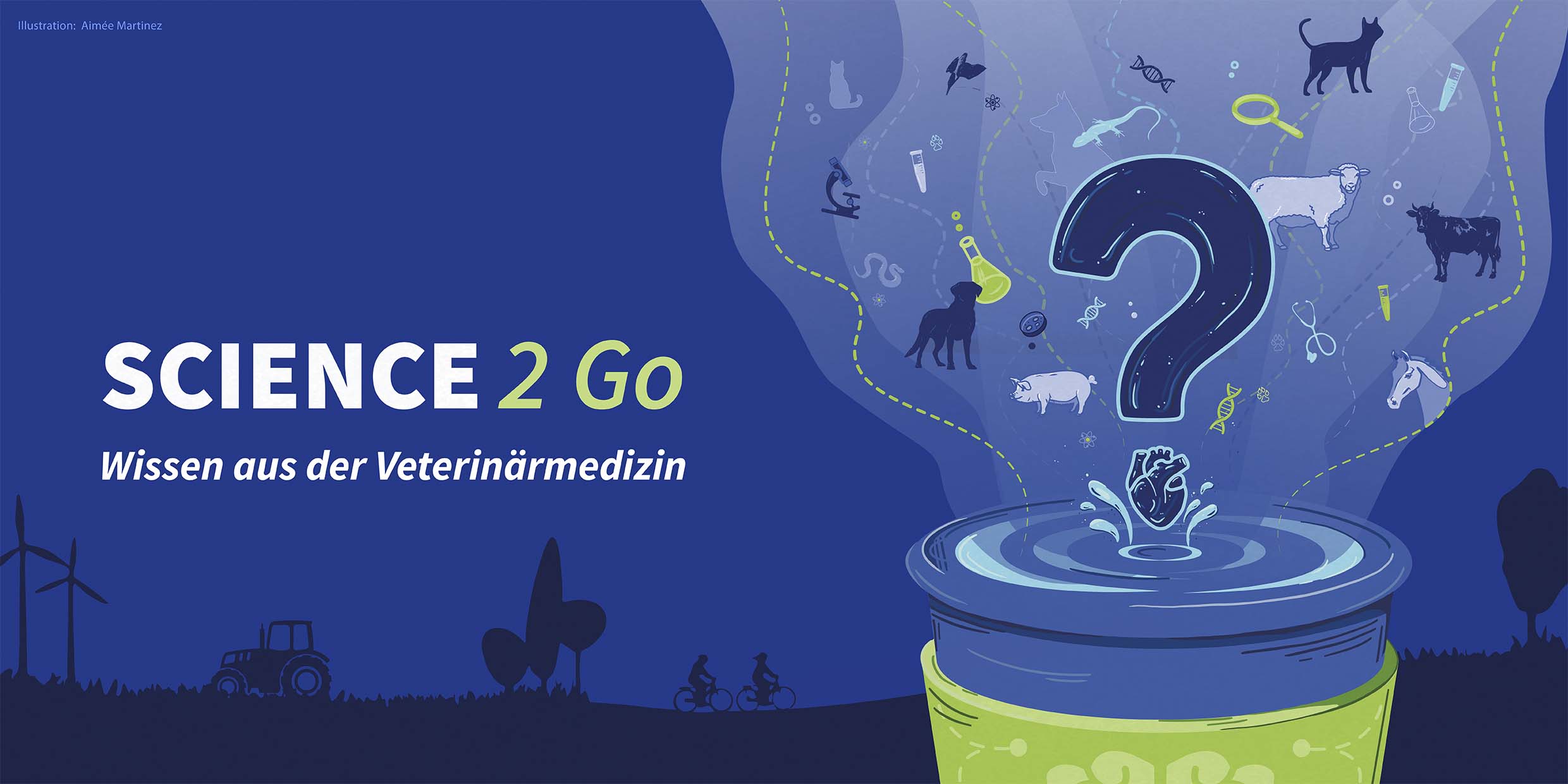 Plakat von der Veranstaltungsreihe "Science to go - Wissen aus der Veterinärmedizin". Auf blauem Hintergrund ein kaffeebecher aus dem ein Fragezeichen aufsteigt und viele Symbole zu den themen aus der Forschung der Veterinärmedizin. Darunter befinden sich: Hund, Katze, Pferd, Schaf, Petrischale, Reagenzglas und DNA-Strang.