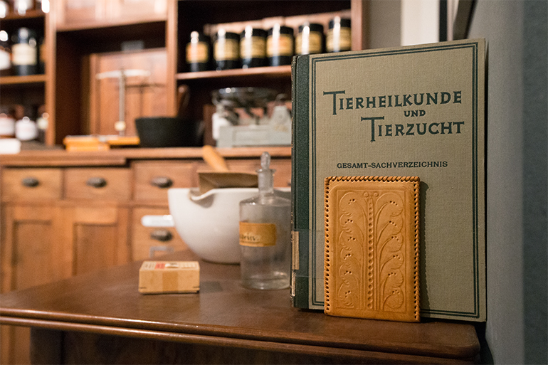 im Vordergrund ist ein historisches Buch zur Tiermedizin, im Hintergrund, unscharf, ein alter Apothekerschrank aus Holz