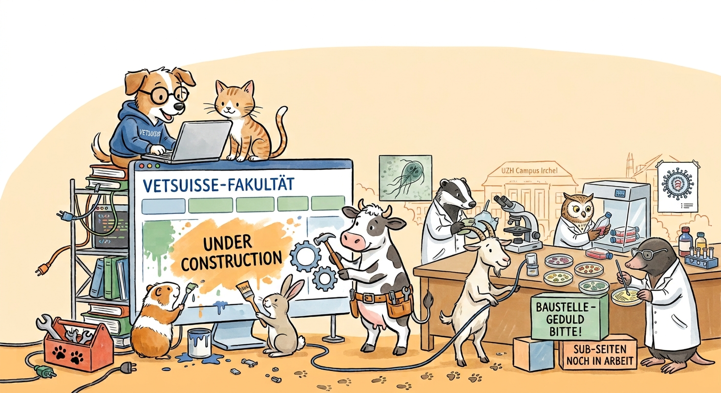 Eine illustrierte Szene mit viene Tieren die an der Webseite mit Pinsel und Hammer am Arbeiten sind. Auf der Webseite steht  "Under Constructon". Einige Tiere sind daneben im Labor am arbeiten und dort steht: "Baustelle - Geduld Bitte". 
